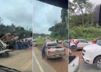 Vídeo mostra carga de carne sendo saqueada após tombamento de caminhão na MT-235