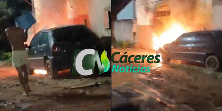 Veículo é alvo de incêndio criminoso na noite desta quarta-feira no bairro Rodeio em Cáceres