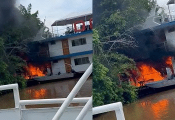 Embarcação pega fogo após explosão de recipiente com gasolina em Porto Cercado