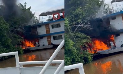 Embarcação pega fogo após explosão de recipiente com gasolina em Porto Cercado